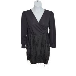 NEW SHEIN dress black long sleeve sequin detail surplice neckline cocktail 0X‎